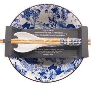 SH Home 42oz Blue Ceramic Ramen Noodle Soup Bowl Chopsticks Spoon Asian Motifs